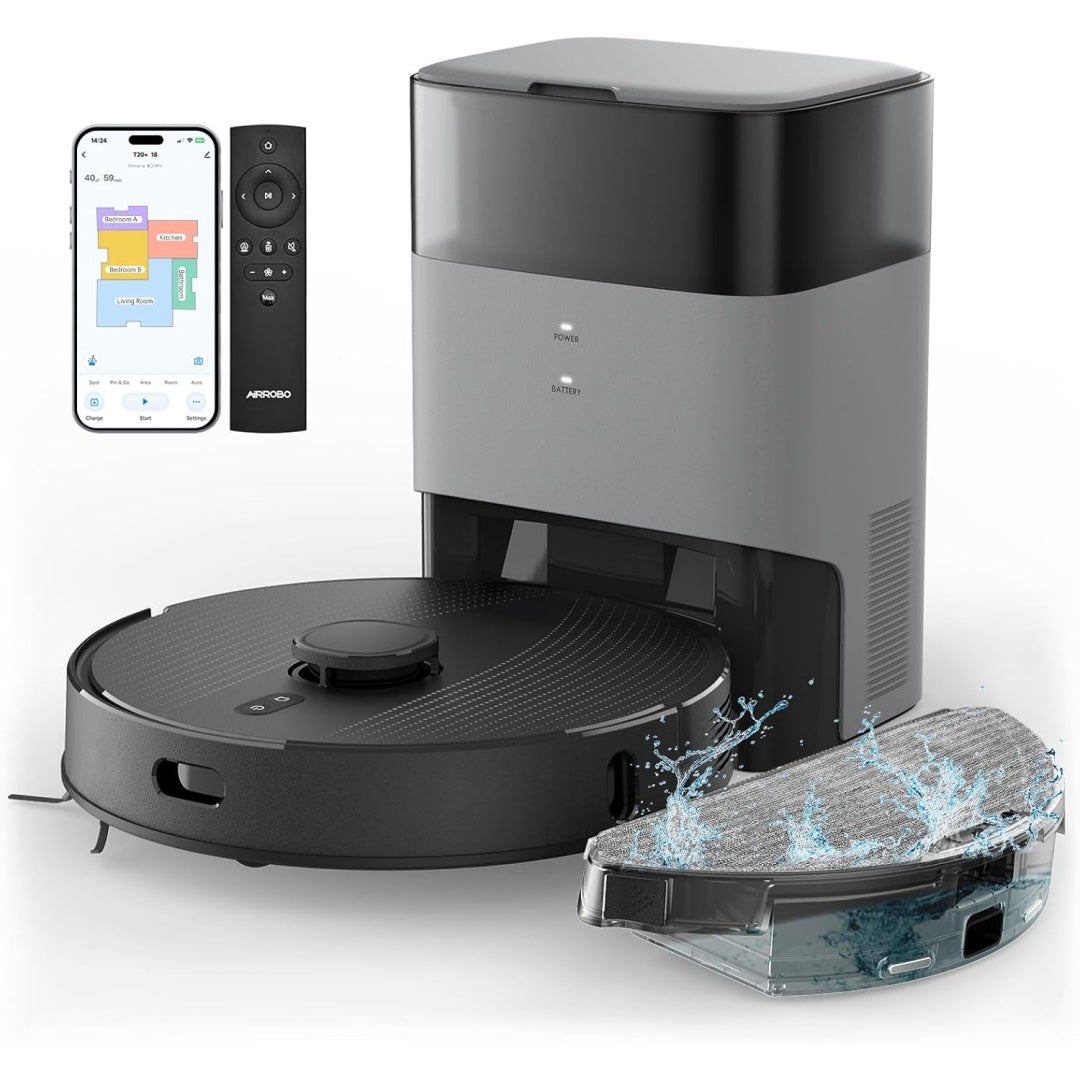 Robot aspirateur, coloris gris et noir, avec la collecte des poils