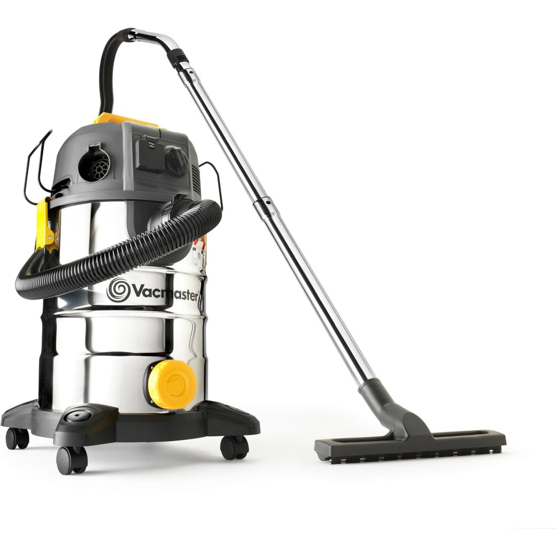 Aspirateur eau et poussiere, coloris gris et blanc, avec la collecte de l'eau et des poussieres
