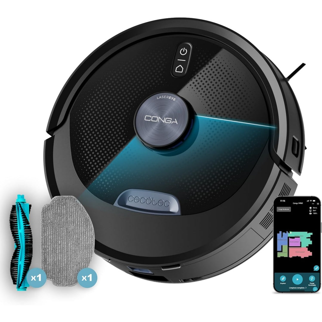 Robot aspirateur, coloris noir et gris, avec une aspiration annoncee de 13 000 Pa