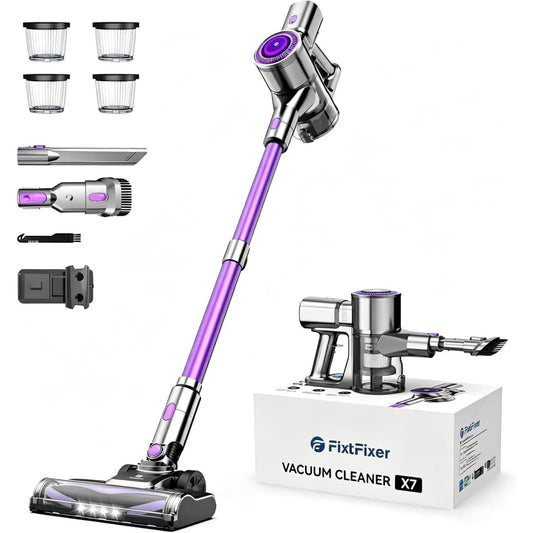 Aspirateur balai, coloris gris et blanc, avec l'entretien du parquet