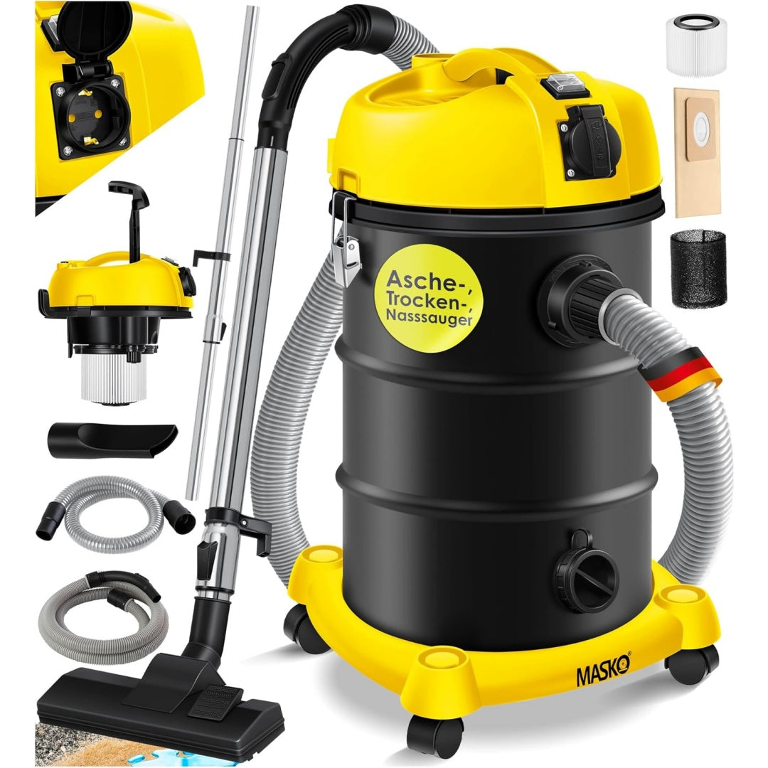 Aspirateur pour liquides et poussieres associant l'entretien des surfaces de l'atelier au coloris jaune