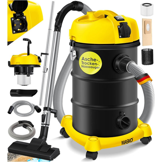 Aspirateur pour liquides et poussieres associant l'entretien des surfaces de l'atelier au coloris jaune